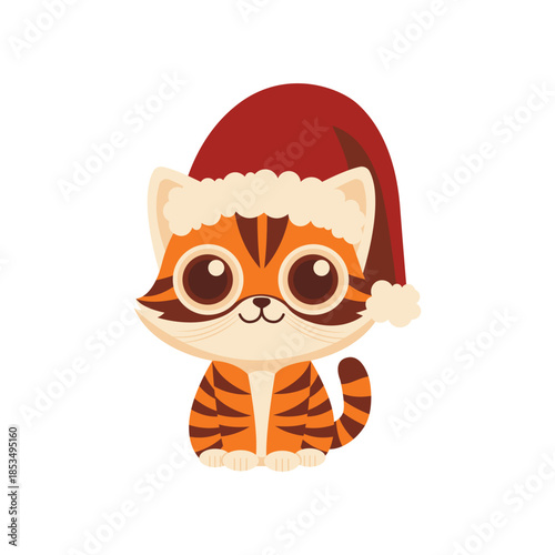 Cute Tiger Kitten Wearing Santa Hat