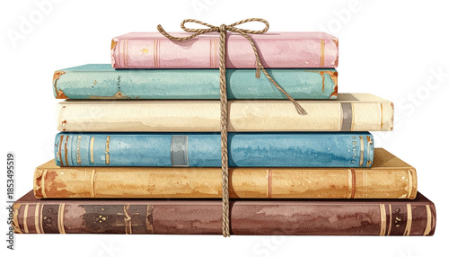 Watercolor stack of books bound with twine, arranged vertically