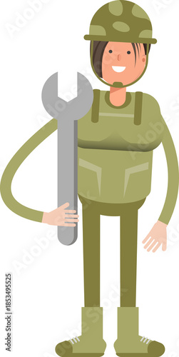Woman Soldier Character Holding Wrench
