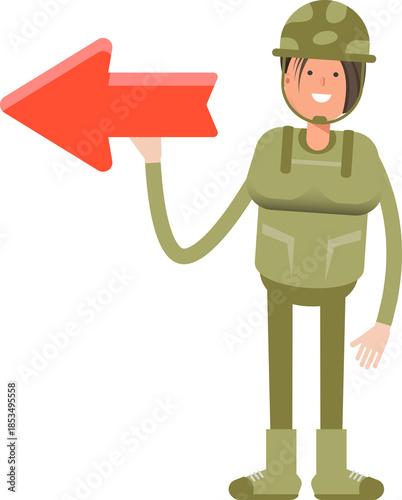 Woman Soldier Character and Arrow Sign
