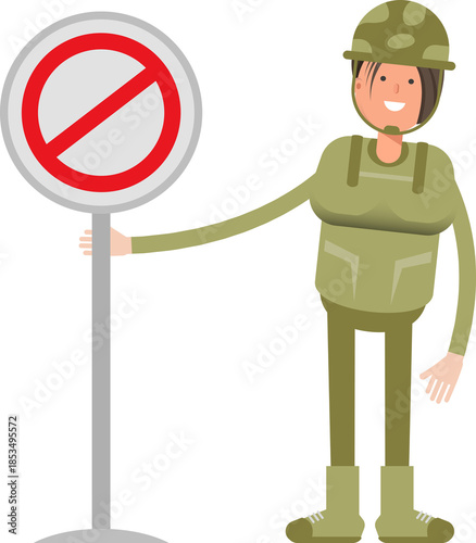 Woman Soldier Character and Prohibition Signage
