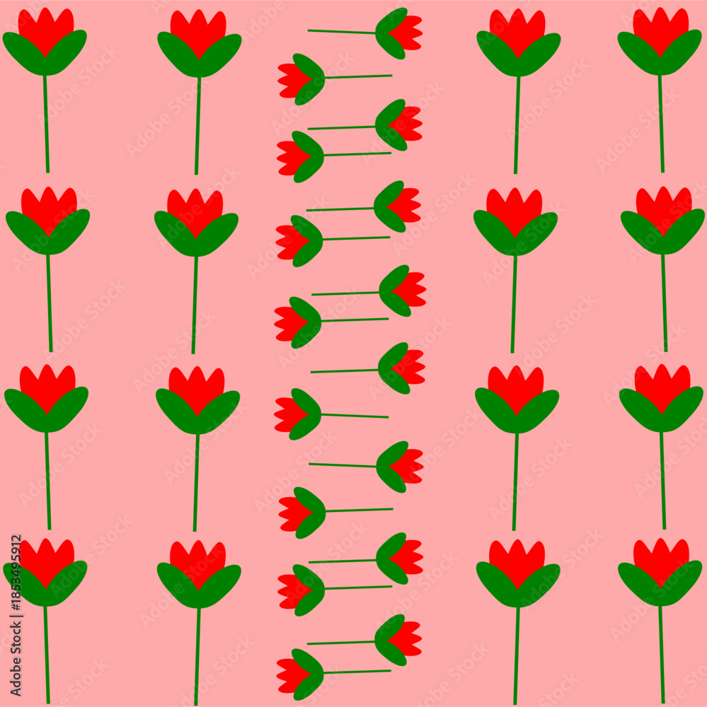 Obraz premium Seamless floral pattern with red flowers and green stems on a soft pink background. Cute and simple design suitable for fabric, wallpaper, wrapping paper, and surface design.