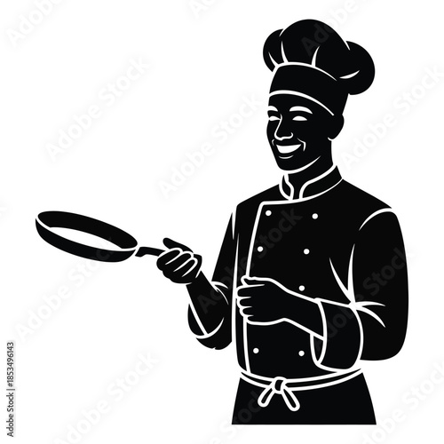 Smiling chef in hat and uniform holding frying pan on white background, black and white silhouette vector illustration of kitchen worker
