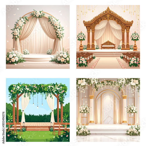 Wedding Arch and Stage Decoration Vector Set. Luxury, Traditional, and Garden Ceremony Backgrounds.
