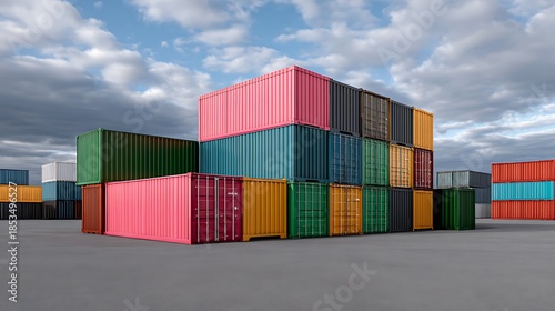 Cargo container stacking event shipping yard industrial scene urban environment ground level view