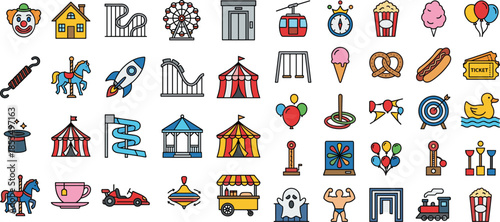 Colorful carnival icons collection, amusement park elements with rides, food, games and tickets, fun fair festival vector set for entertainment graphics
