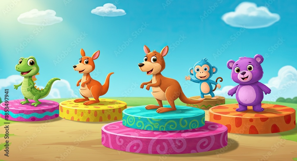 Fototapeta premium Cartoon animals standing on colorful platforms under a bright blue sky