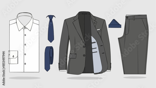 Classic gray business suit set with shirt and tie.