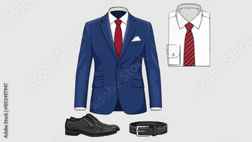 Classic Menswear Collection Blue Suit Red Tie Black Shoes.
