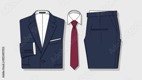 Classic navy blue business suit with white shirt and red tie.