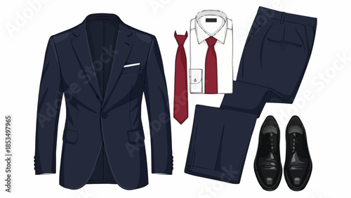 Classic Navy Blue Suit Outfit for Men with Red Tie and Black Shoes.