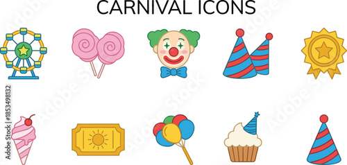Colorful carnival icons set, amusement festival elements, clown and party decorations, fun fair treats and tickets, bright celebration graphics, vector illustration
