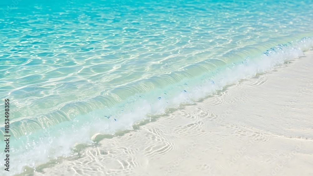 Obraz premium Crystal clear turquoise ocean water gently washes onto a pristine white sandy beach, creating a serene and inviting tropical paradise scene. Perfect for relaxation and travel themes.