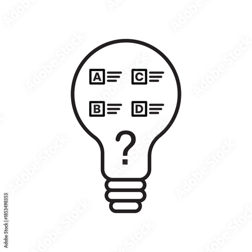 Quiz line icon with light bulb and question mark for knowledge, idea, and assessment concepts. Minimal outline vector design for education apps, quizzes, UI, websites, and e-learning platforms.