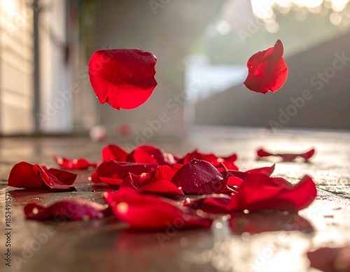 Close-up of red rose petals scattered and floating