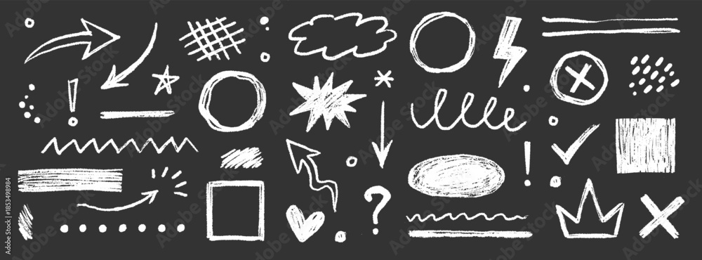 Fototapeta premium Hand drawn chalk doodles elements on blackboard texture arrows, question marks, question set. Highlight, circle frame, cloud sketch brush texture marker stroke. Vector illustration