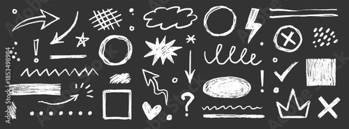 Hand drawn chalk doodles elements on blackboard texture arrows, question marks, question set. Highlight, circle frame, cloud sketch brush texture marker stroke. Vector illustration