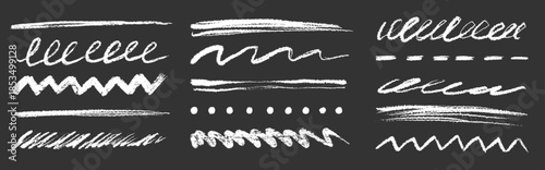 Hand drawn chalk underline brush strokes set on blackboard. Crayon texture brush stroke underline sketch paint for doodle border, pastel chalk pencil paint scratch, squiggle. Vector illustration