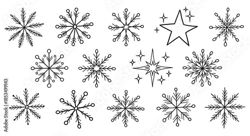 Collection of hand drawn snowflakes and stars