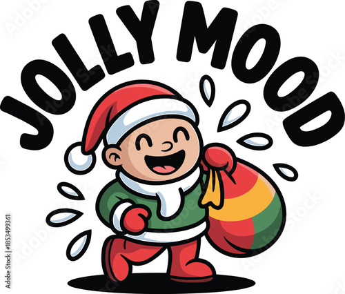Cartoon boy in Santa hat and suit holding a gift bag with the text JOLYMOD above him child Santa suit