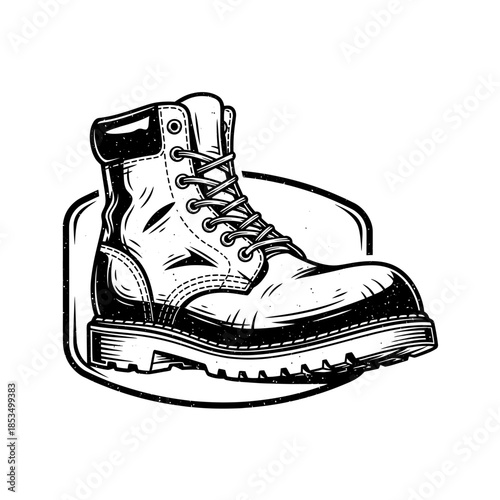 Detailed Hand-Drawn Style Illustration of a Robust Work Boot, Perfect for Industrial Themes, Outdoor Adventures, and Vintage Design Projects
