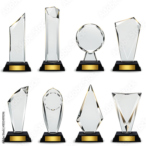 Collection of crystal trophies on black and gold base