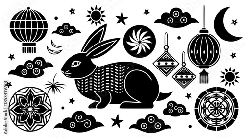 Rabbit with oriental festival design elements Vector