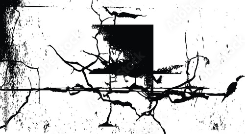 Create an abstract pattern resembling a dry, barren landscape, with prominent black cracks against a bright white background. 