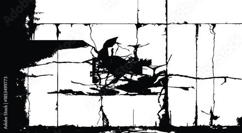 Long horizontal cracked wall. Damage surface crack and fissure in ground, concrete, crevices from disaster silhouette breaks on land surface from earthquake isolated on white background. 