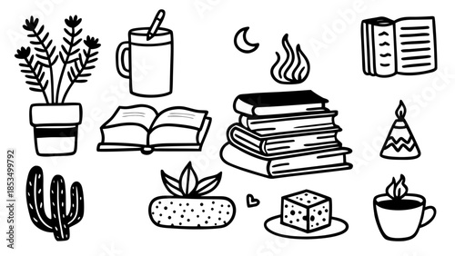 Doodle hand drawn cozy home objects set Vector