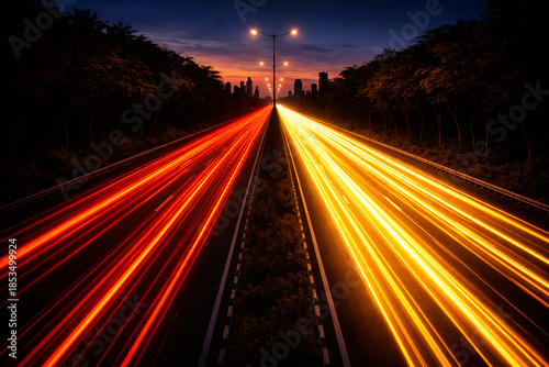 Light trials on the highway during blue hour with city skyline in the background 