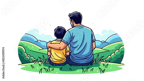 Father and son sitting on a grassy hill, looking out at a scenic landscape with rolling hills and a blue sky.