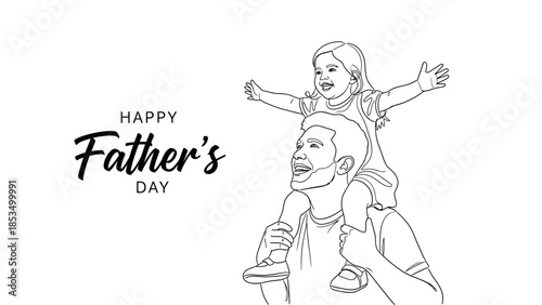 A heartwarming line drawing depicts a father carrying his daughter on his shoulders, celebrating Father's Day with joy and love.