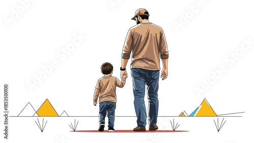 A father and his young son walk hand-in-hand into the distance, symbolizing guidance and the future.