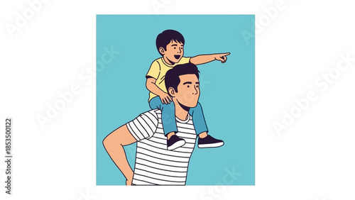 A father carries his young son on his shoulders, with the child pointing excitedly towards something in the distance.