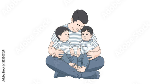 A father sits cross-legged, tenderly holding his two young twin sons, all wearing matching striped shirts.