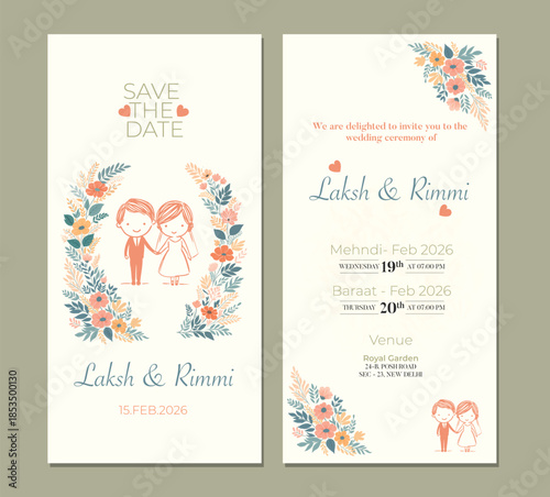 Elegant Floral Wedding Invitation Card with Couple Illustration