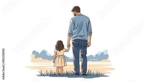 A father and his young daughter holding hands and looking out at a scenic landscape.