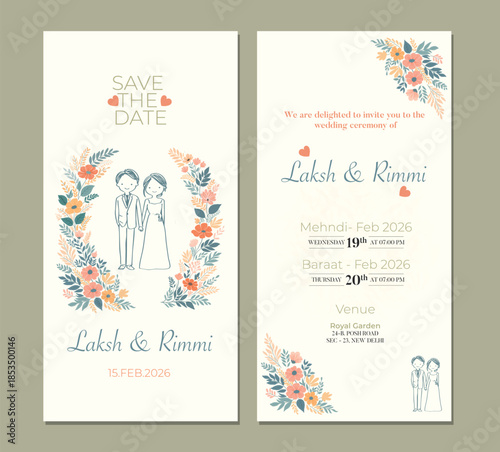 Elegant Floral Wedding Invitation Card with Couple Illustration