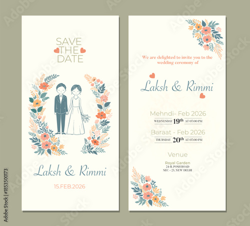 Elegant Floral Wedding Invitation Card with Couple Illustration
