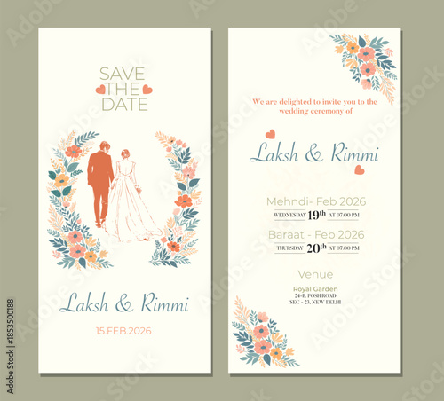Elegant Floral Wedding Invitation Card with Couple Illustration