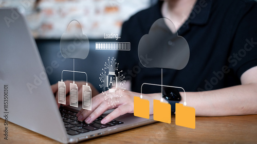 Obraz na płótnie Person using artificial intelligence ai upload download online file document cloud data database storage server platform software, digital information technology concept