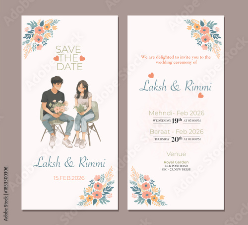 Elegant Floral Wedding Invitation Card with Couple Illustration