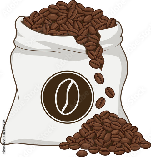 Bag of Coffee Beans Spilling Onto a White Surface sack