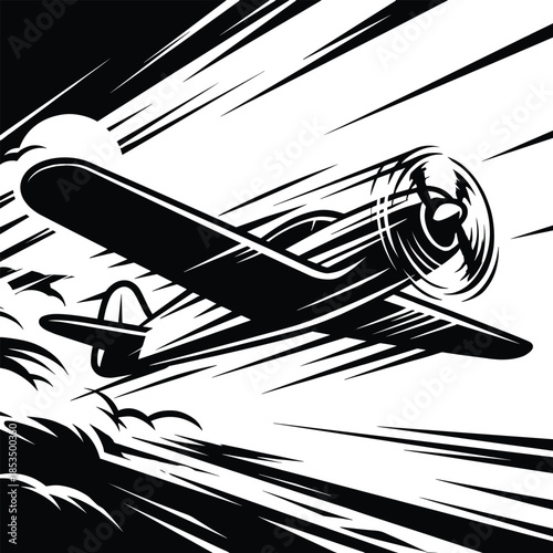 Black and White Silhouette of a Propeller Airplane in Fast Flight aircraft speed