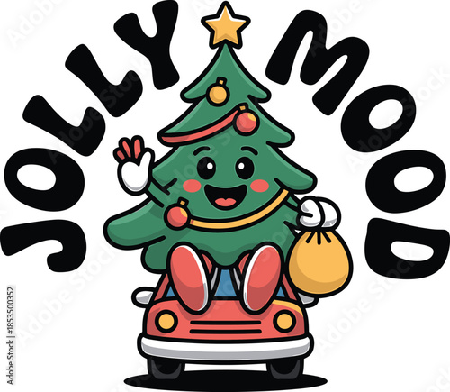 Cartoon Christmas tree character in a car holding a gift bag happy smiling