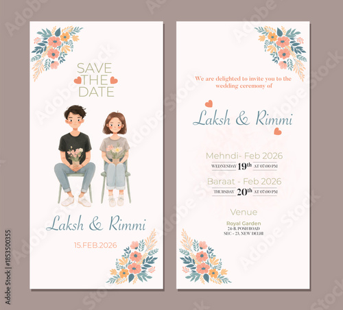 Elegant Floral Wedding Invitation Card with Couple Illustration