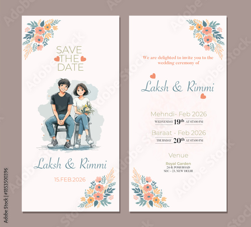 Elegant Floral Wedding Invitation Card with Couple Illustration