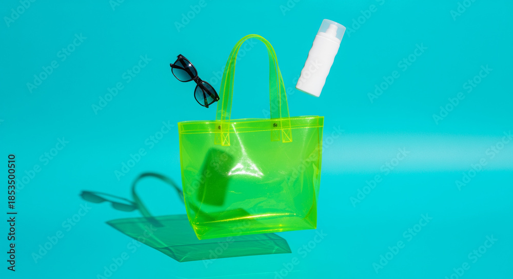 Obraz premium Neon green transparent tote bag floats alongside black sunglasses and a white sunscreen bottle, creating a vibrant summer essentials composition against a bright blue background.