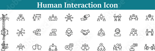 Set of human interaction icons teamwork, communication, partnership, networking, and social connection line art symbols for business and community concepts isolated on transparent background